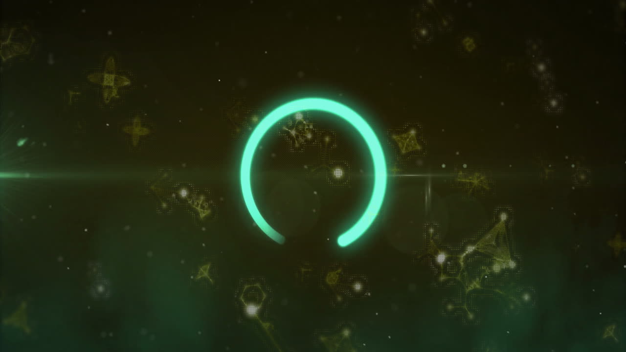 Glowing green circle animation over abstract dark background with star-like shapes