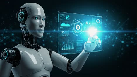 futuristic robot interacting with digital interface: exploring data analytics and technology integration in a virtual environment
