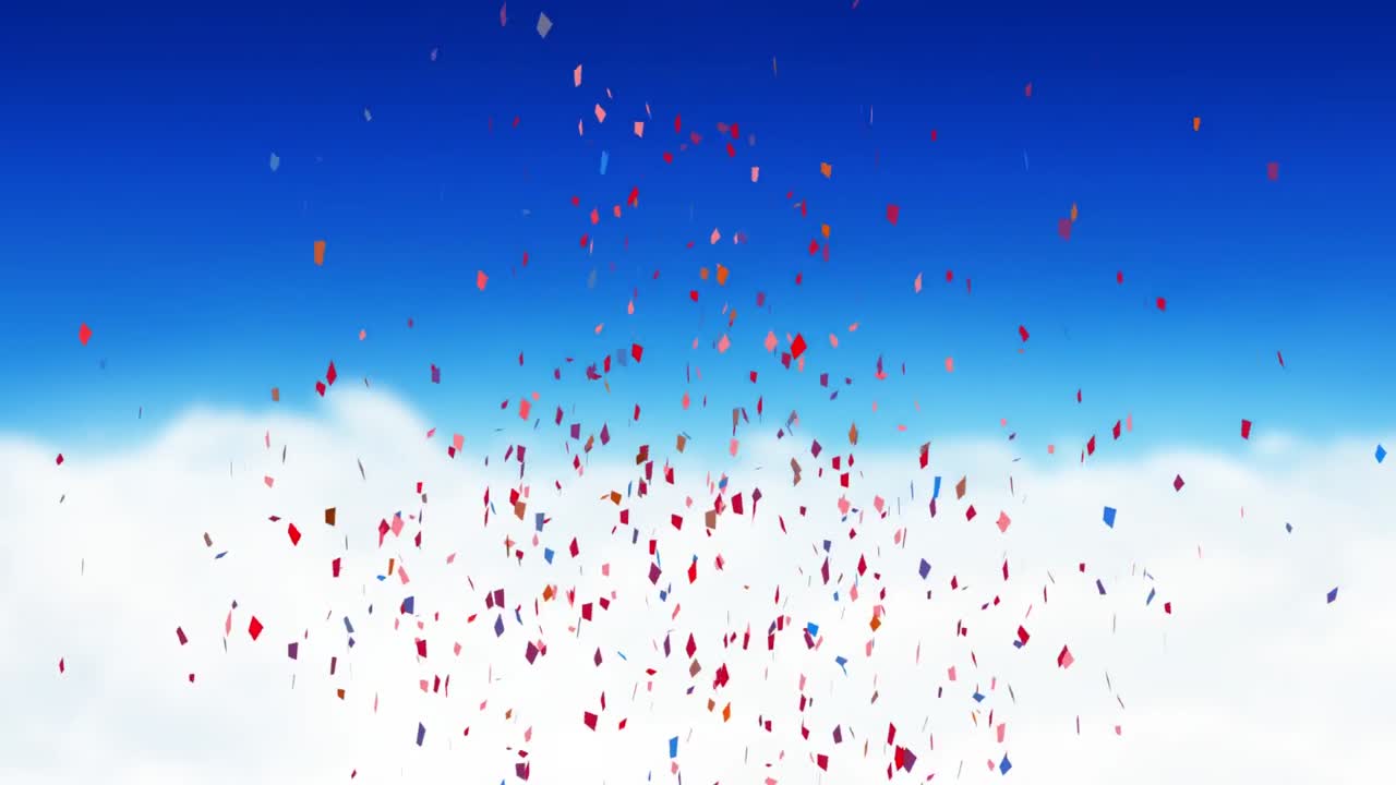 파란 하늘과 구름 위에 떨어지는 다채로운 콘페티의 애니메이션