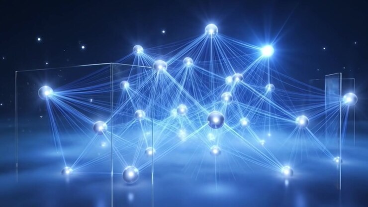 Abstract Digital Network Connection with Glowing Spheres and Light Beams