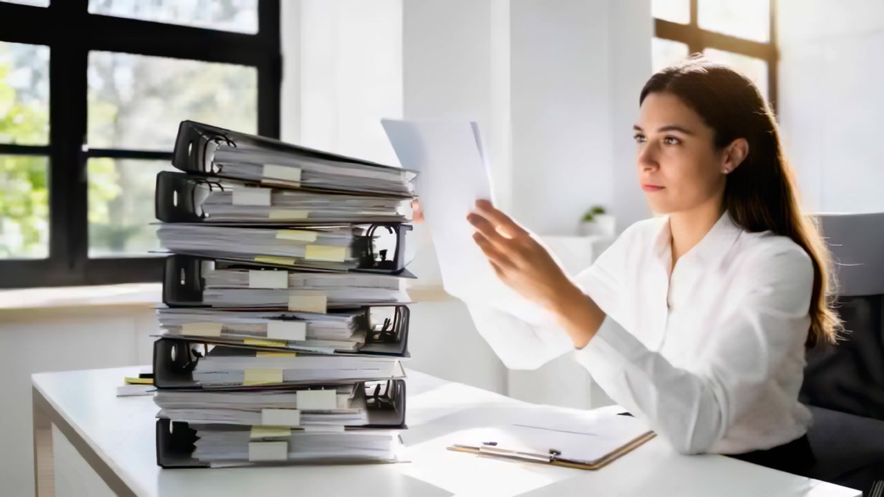 Picking up sheet, office woman in white blouse scanning and checking details at desk with binders