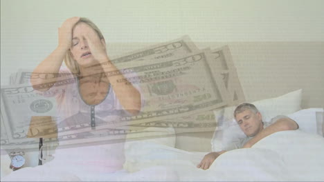 animation of dollar banknotes over caucasian couple