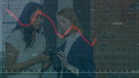 analyzing camera settings, two women over stock market data animation