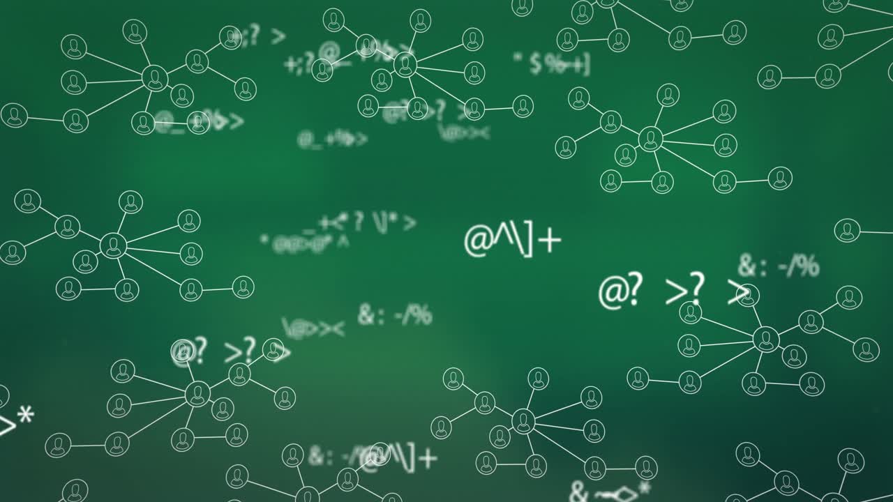 múltiples símbolos matemáticos cambiantes contra una red de iconos digitales contra un fondo verde