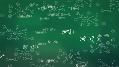 múltiples símbolos matemáticos cambiantes contra una red de iconos digitales contra un fondo verde