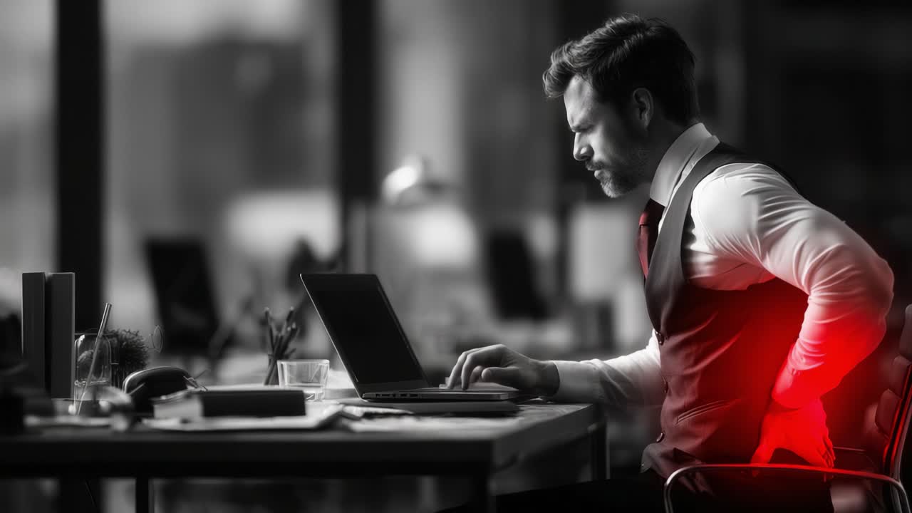 Un Uomo d'Affari si Tiene la Parte Bassa della Schiena per il Dolore Mentre Lavora alla sua Scrivania, Illustrando le Comuni Difficoltà dei Lavoratori d'Ufficio che Affrontano Disagio e Stress