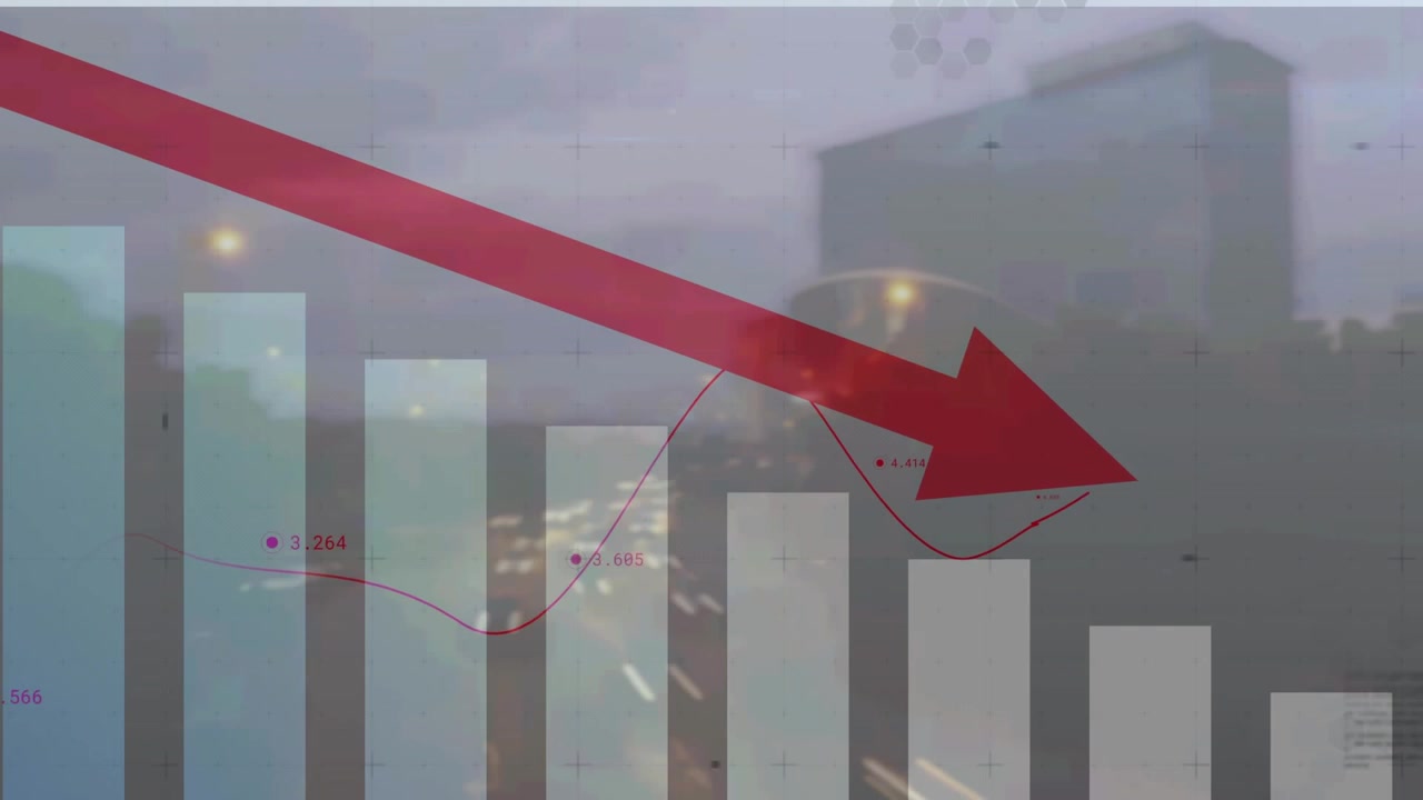Translucent finance chart taking update, shifting red trendline rising then dipping to red arrow