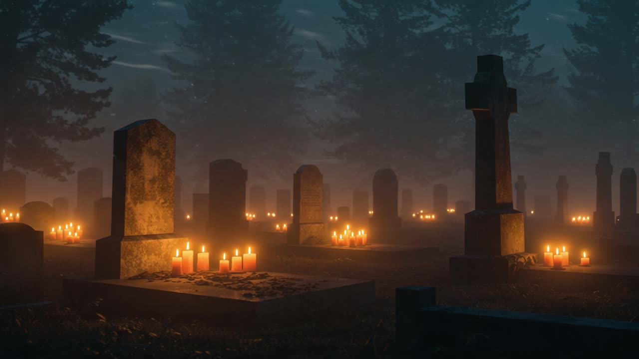 Un'atmosfera serena in un cimitero circondato da candele tremolanti, che evoca un senso di ricordo nel misterioso cielo notturno nebbioso.