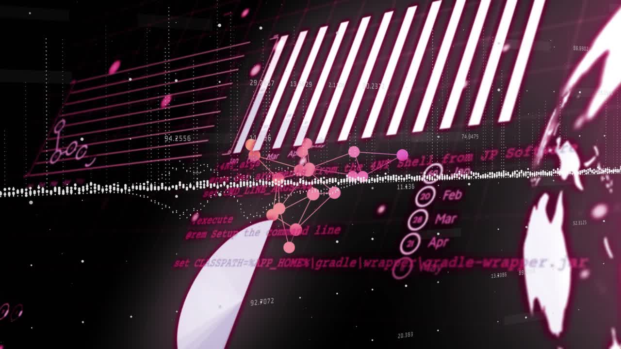 Waveform pulsing starting camera pan, data dashboard showing bars and updating values for insights