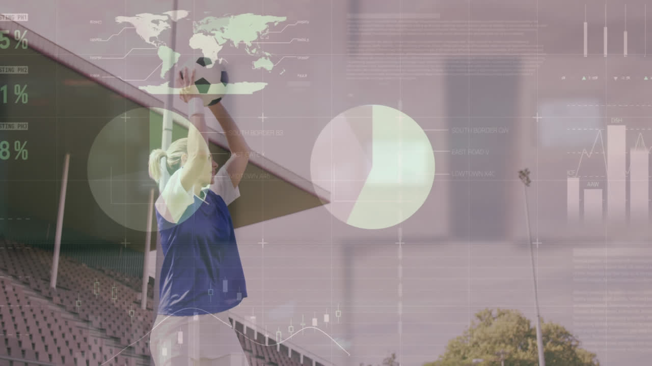 animación del procesamiento de datos financieros sobre una jugadora de fútbol caucásica con la pelota en el campo