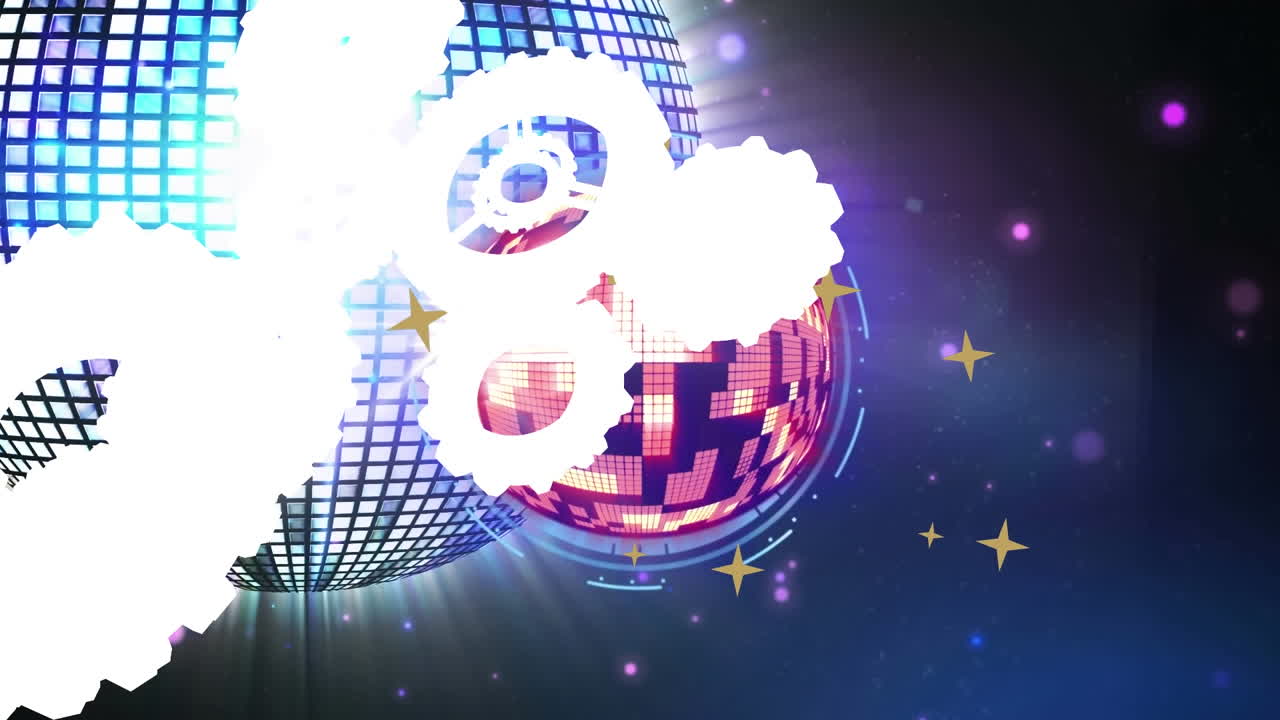 회전하는 디스코 공과 검은 바탕에 반이는 점 위에 기어의 애니메이션.