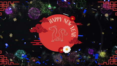 animación de texto de feliz año nuevo sobre dragón y patrón chino