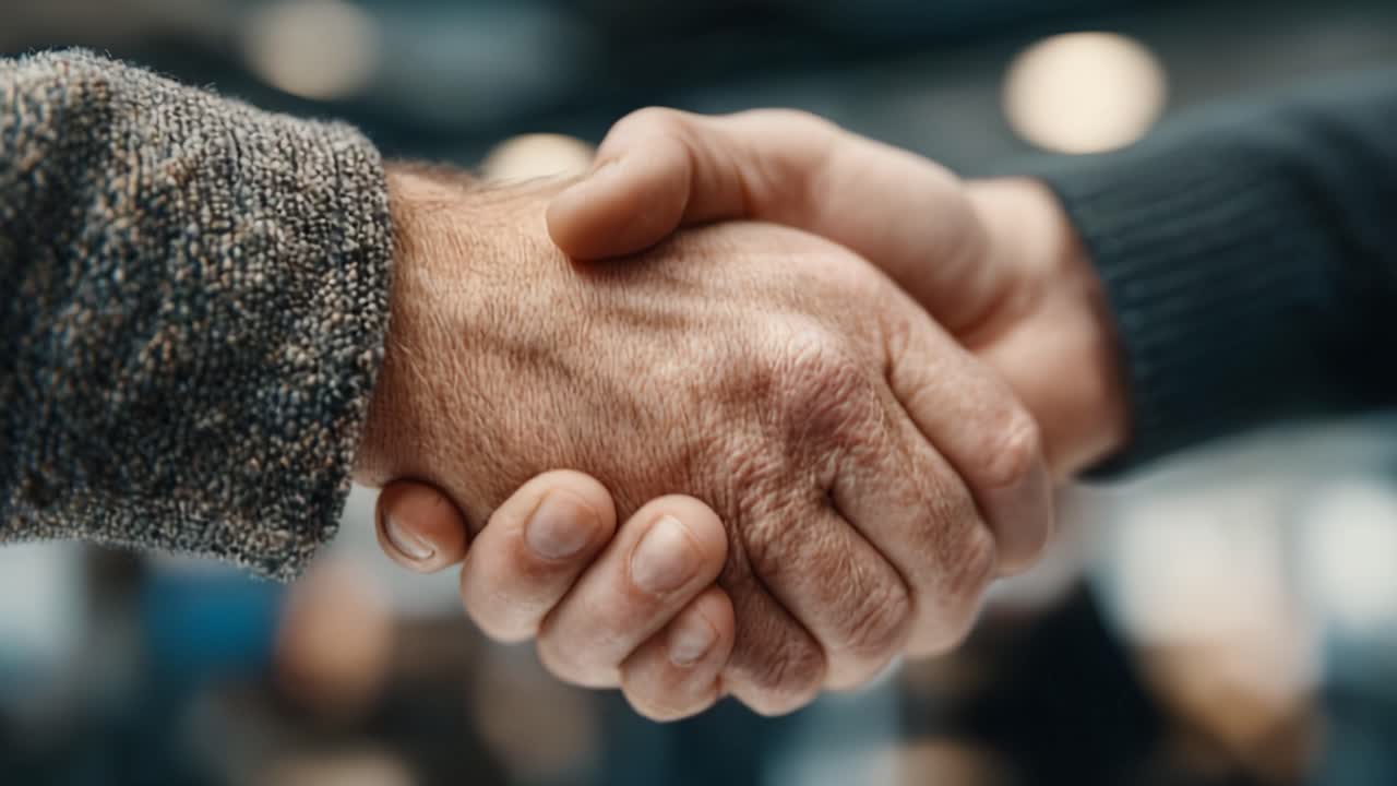 Primo piano di due uomini d'affari che si stringono la mano in un ufficio, a simboleggiare un accordo di partnership di successo, il rispetto reciproco e un accordo commerciale finalizzato con una stretta di mano decisa.