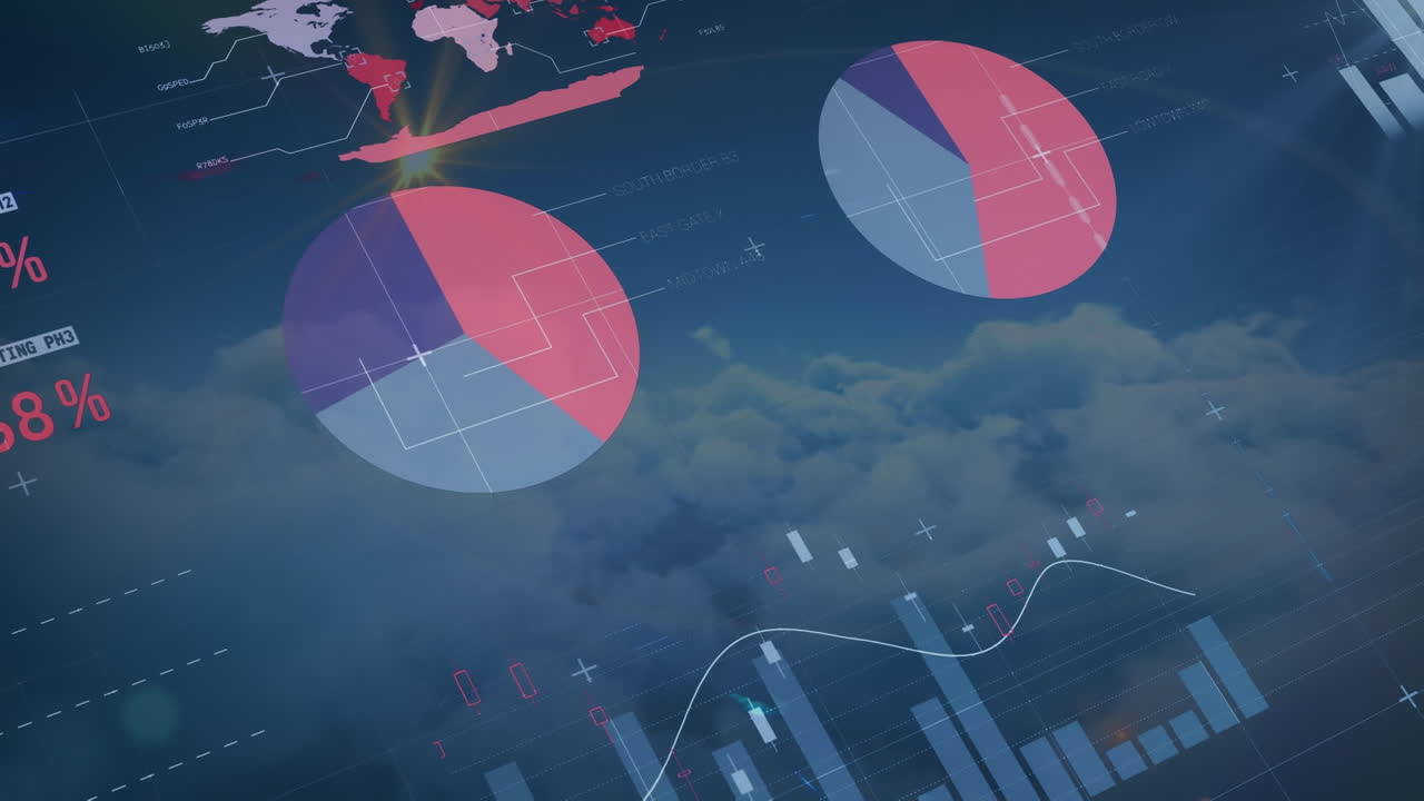 Animation of data processing over sky with clouds