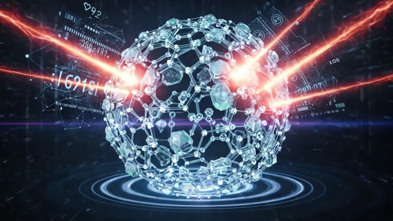 A High-Tech Representation of a Molecular Structure with Energy Beams and Data Elements, Illustrating the Fusion of Science and Digital Technology in a Futuristic Setting