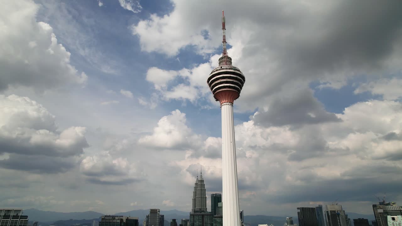 A panning shot of Kuala Lumpur tower and business district with cloudy sky background