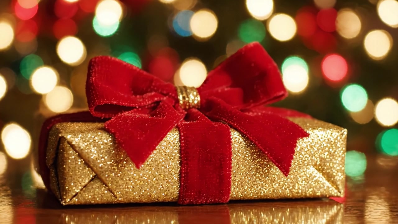 Un regalo scintillante avvolto in rosso e oro brilla intensamente su uno sfondo splendidamente decorato con luci natalizie colorate e un'atmosfera festosa.