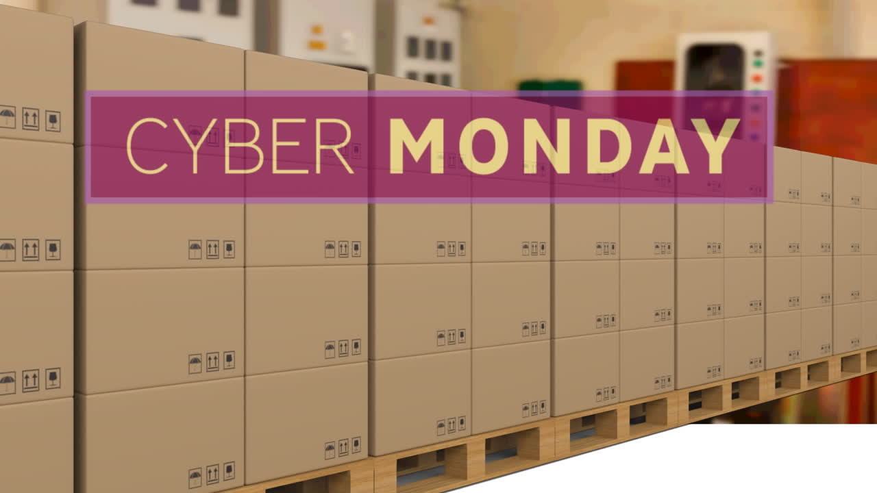 Animation of cyber monday text over cardboard boxes on conveyor belt