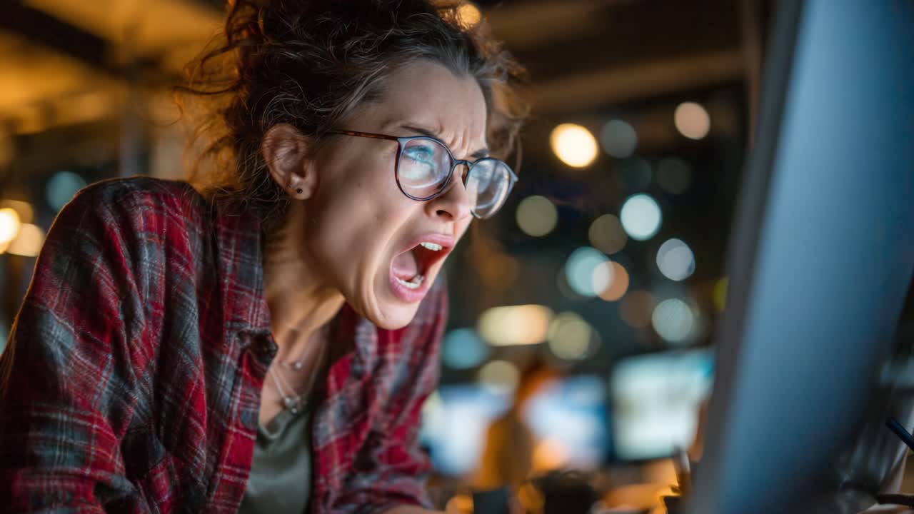 Intensive emotionale Reaktion einer jungen Frau bei der Nutzung ihres Computerbildschirms, die den Stress und die Frustration des modernen digitalen Lebens einfängt