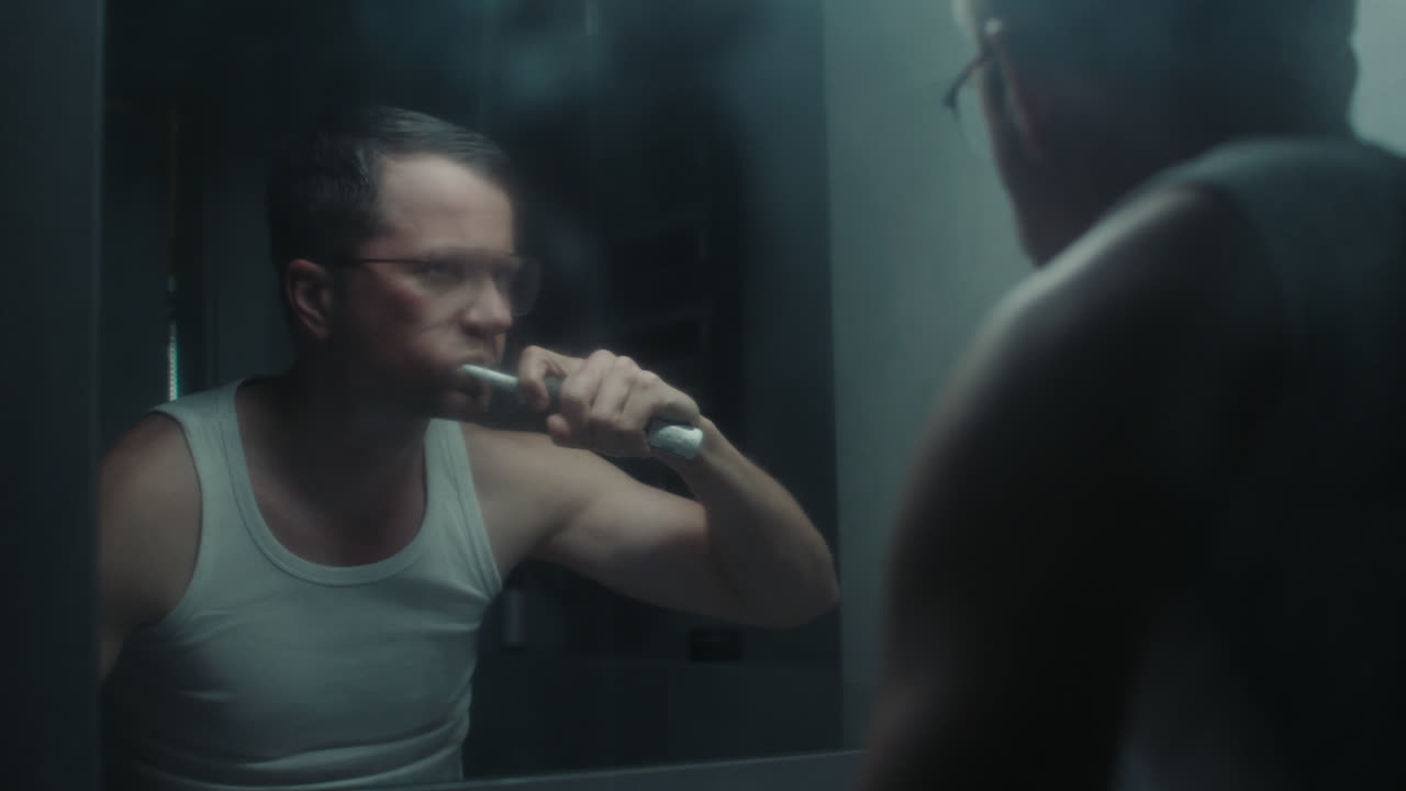 A sad man in the bathroom during his morning routine