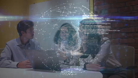 animation of globe of connections with data processing over diverse business people at office