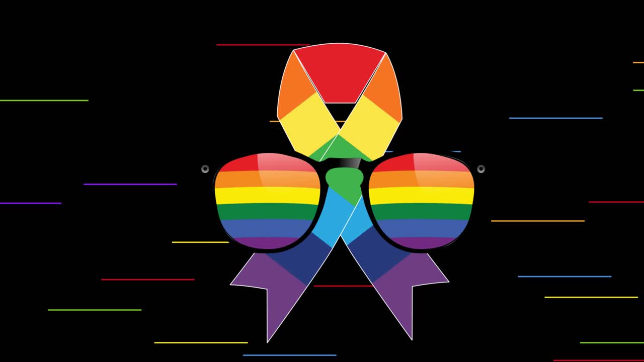animación de gafas de arco iris y cinta sobre fondo negro