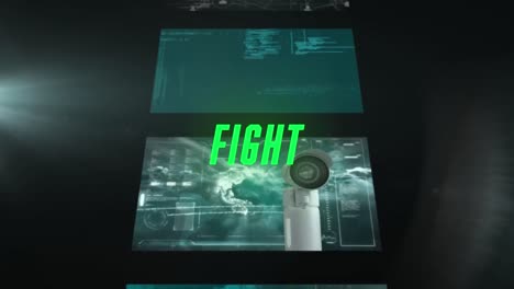 Animation-of-fight-text-over-digital-screens-on-black-background