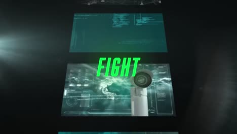 animation of fight text over digital screens on black background