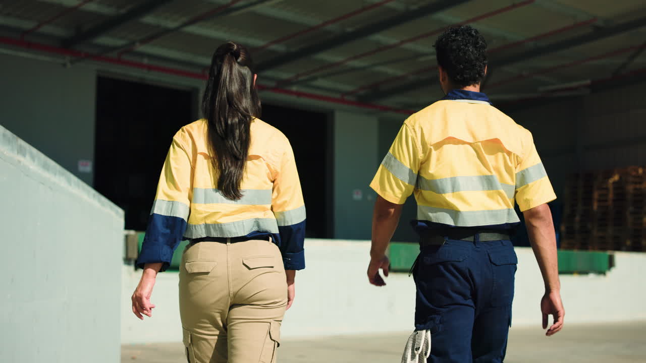 Dos trabajadores con uniformes de alta visibilidad caminando y hablando en una nave industrial