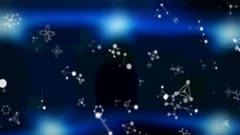Animation-Von-Weißen-Molekülen,-Die-Auf-Blau-Leuchtendem-Hintergrund-Schweben