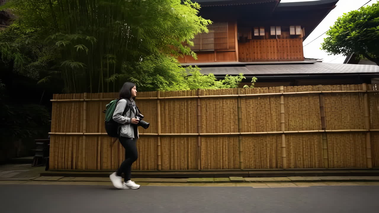 Woman Walking Past a Traditional Japanese Building and Bamboo Fence