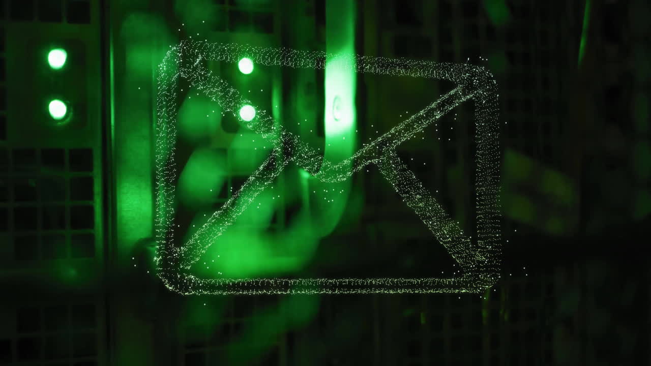 animación del icono de correo electrónico y procesamiento de datos digitales a través de servidores informáticos
