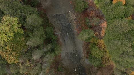 Aerial-shot-of-a-river-gorge-on-a-fall-day,-starting-on-a-wide-shot,-flying-down-towards-clear-running-water-and-ending-in-a-close-up-of-the-river