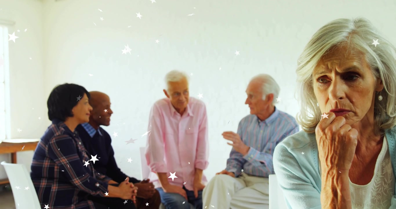 Health group opening with striped-shirt speaker speaking and star overlays guiding anxious listener
