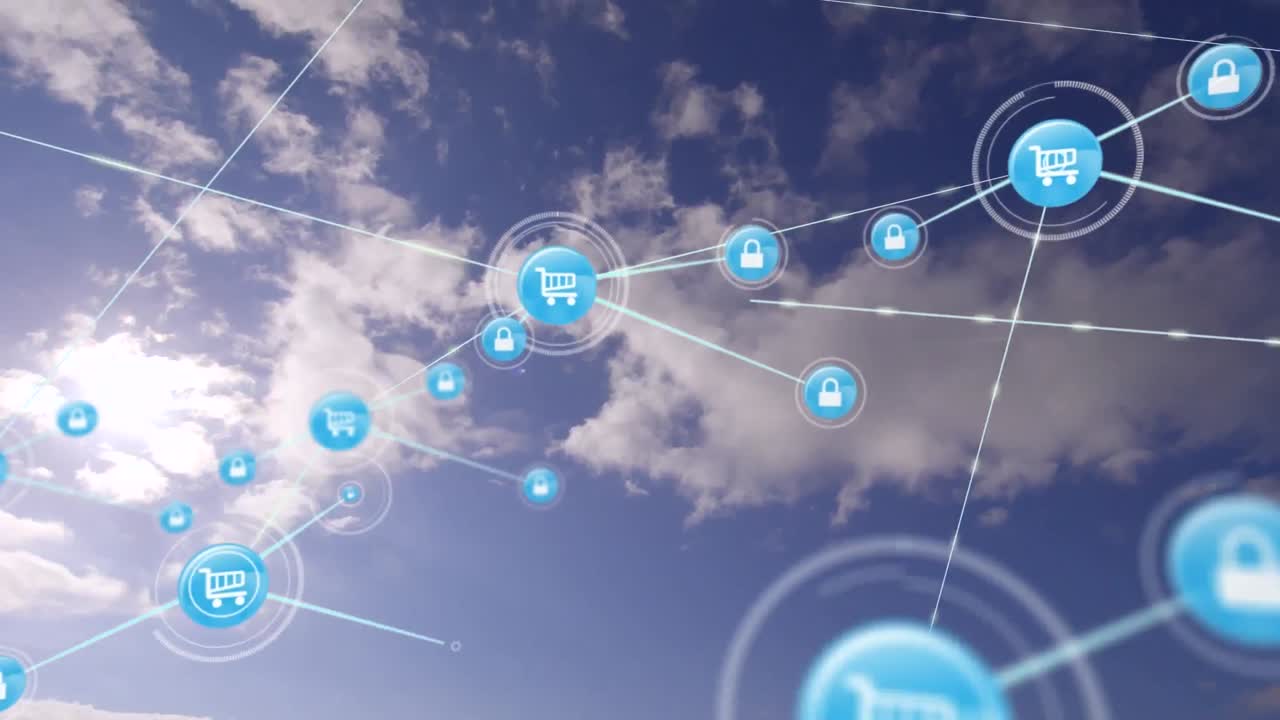 animación de la red de conexiones con iconos sobre el cielo