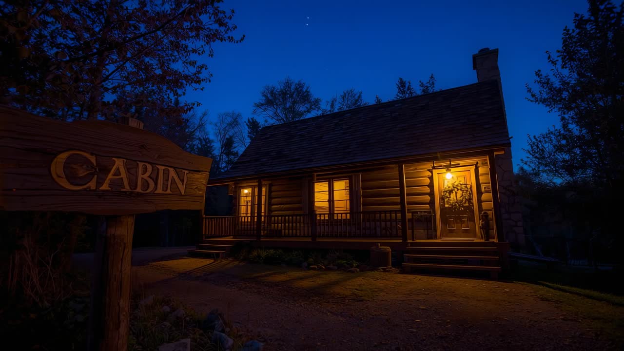 Opening shot showing log cabin glowing in forest clearing, with wooden CABIN sign conveying warmth