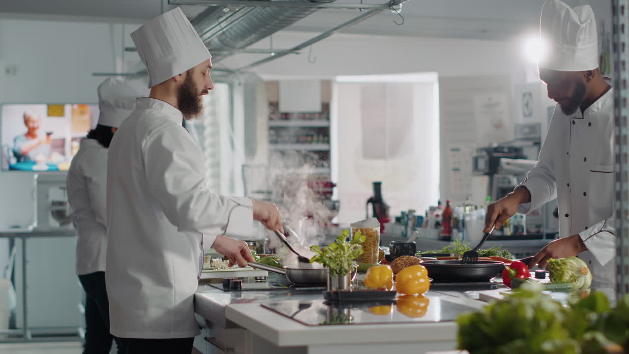 Professional cook adding rosemary plant leaves in kitchen