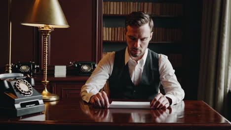 man writing a letter in a vintage office