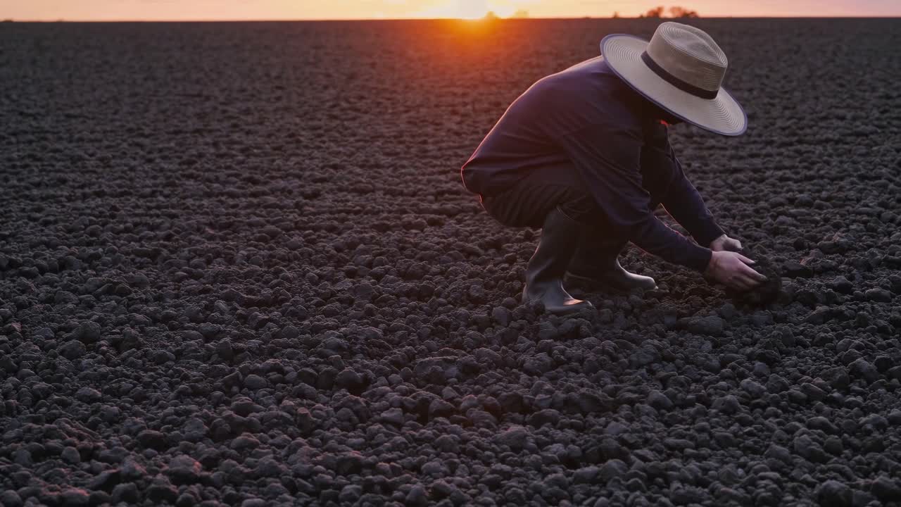 Un contadino ispeziona il suolo al tramonto
