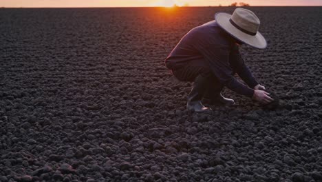 farmer inspecting soil at sunset