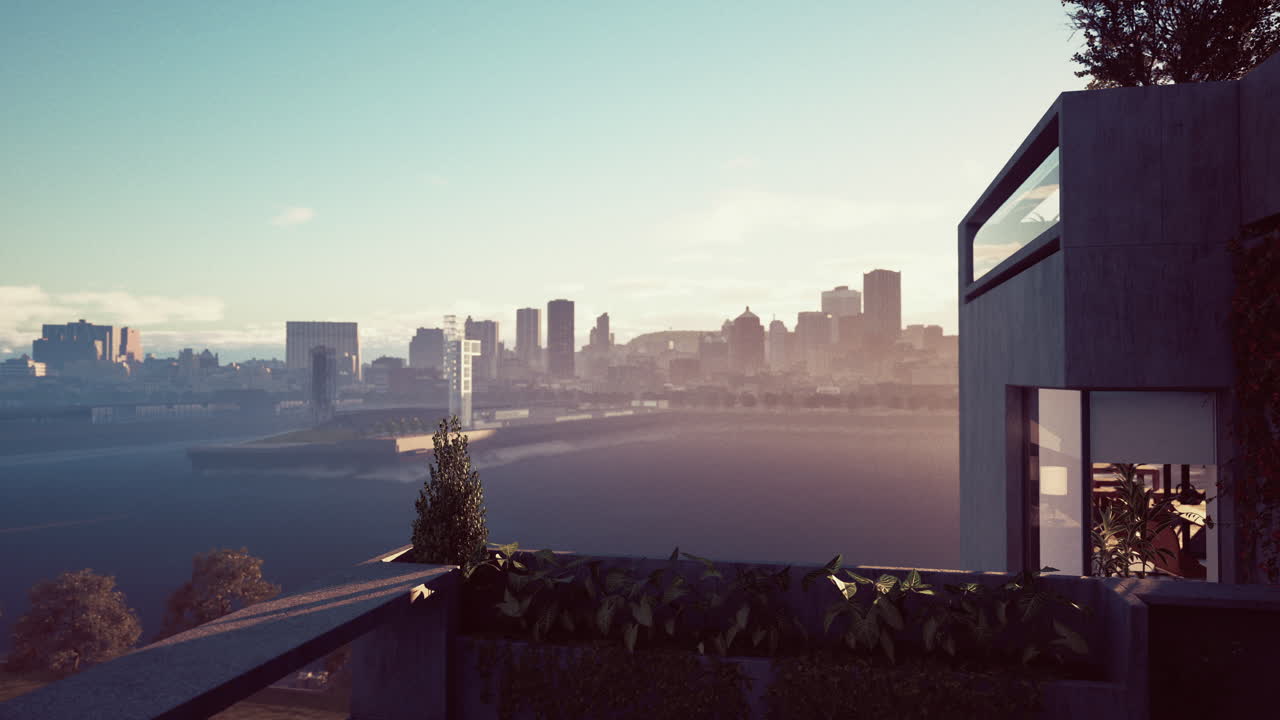 도시 스카이라인을 볼 수 있는 현대적인 건축물