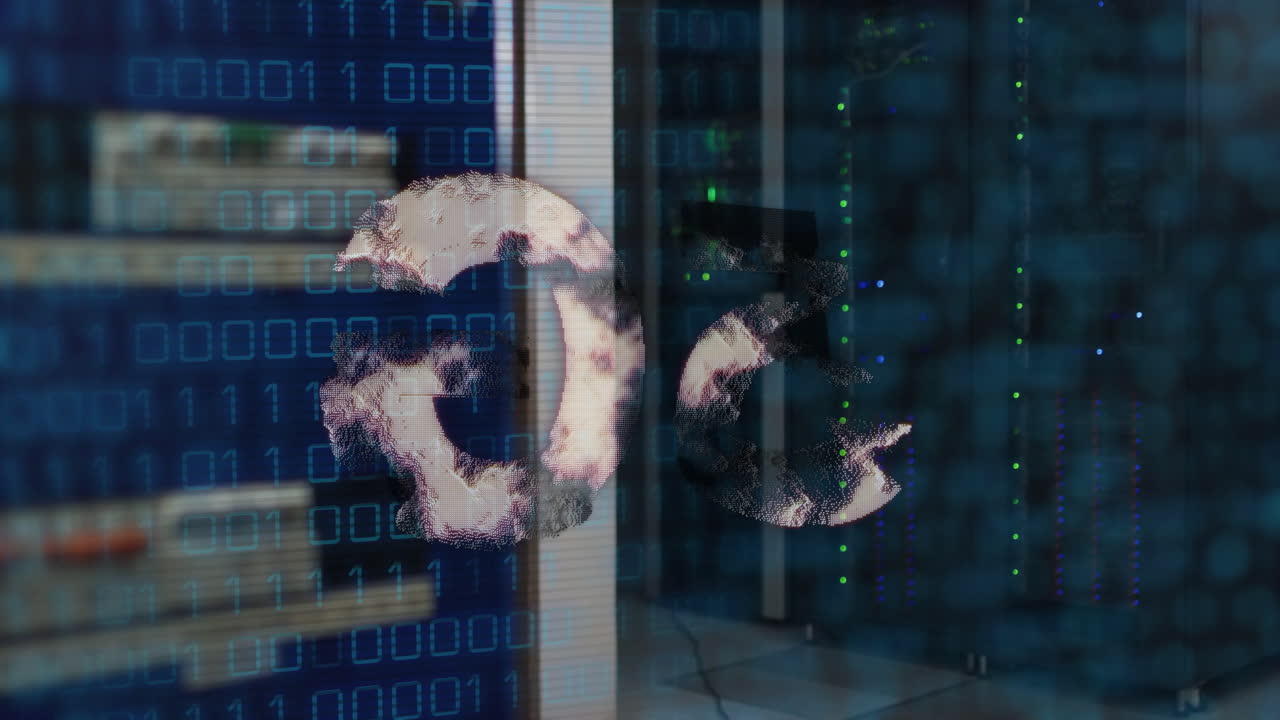 animación de texto 5g, codificación binaria y procesamiento de datos a través de servidores informáticos