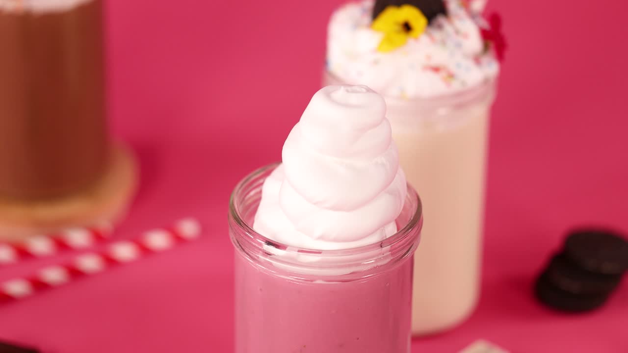 Hand places strawberry on whipped cream-topped milkshake; bright lighting, colorful dessert setup, static camera