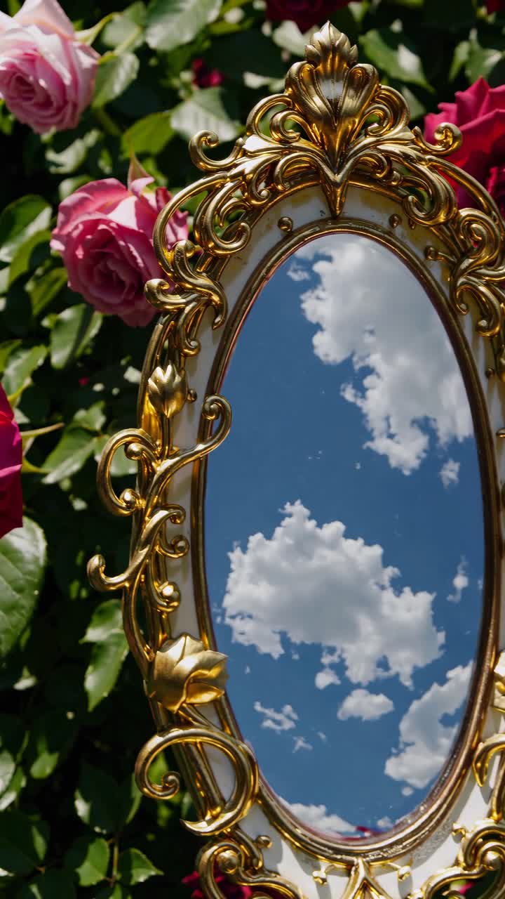 Ornate mirror reflects sky and clouds, surrounded by roses. Shot from a low angle