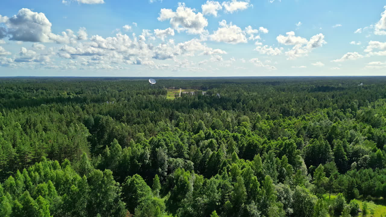 Aerial View of a Vast Forest with a Radio Telescope Under a Blue Sky