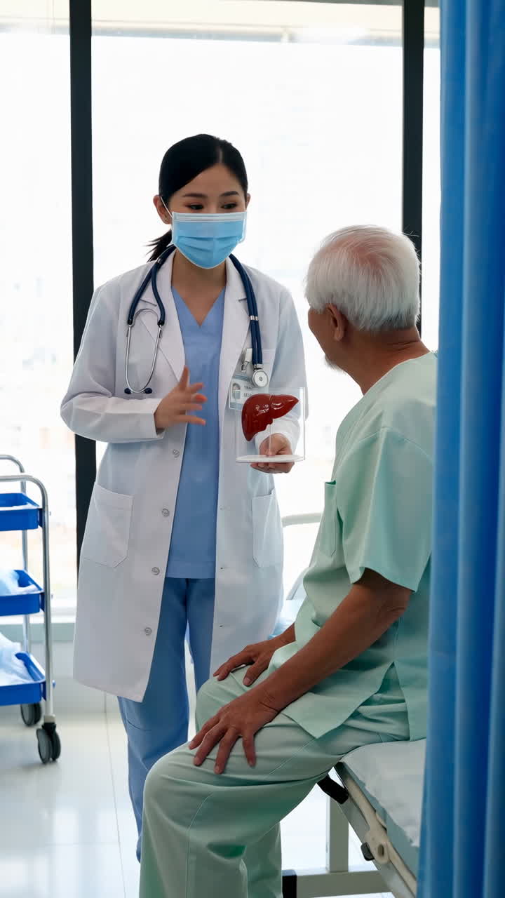 A doctor explains a liver model to a patient in a hospital