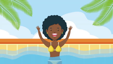 young afro woman in the pool summer time