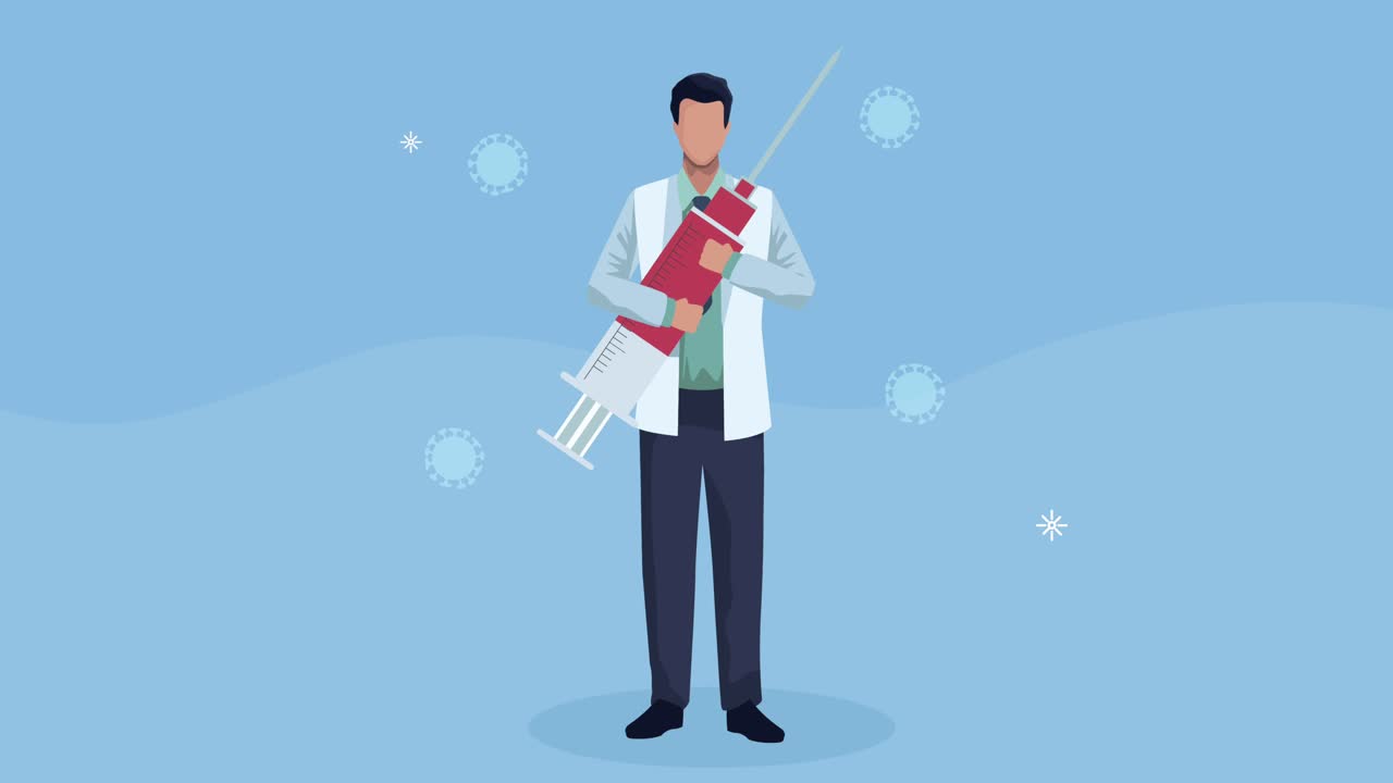 healthcare medical animation with doctor lifting blood syringe