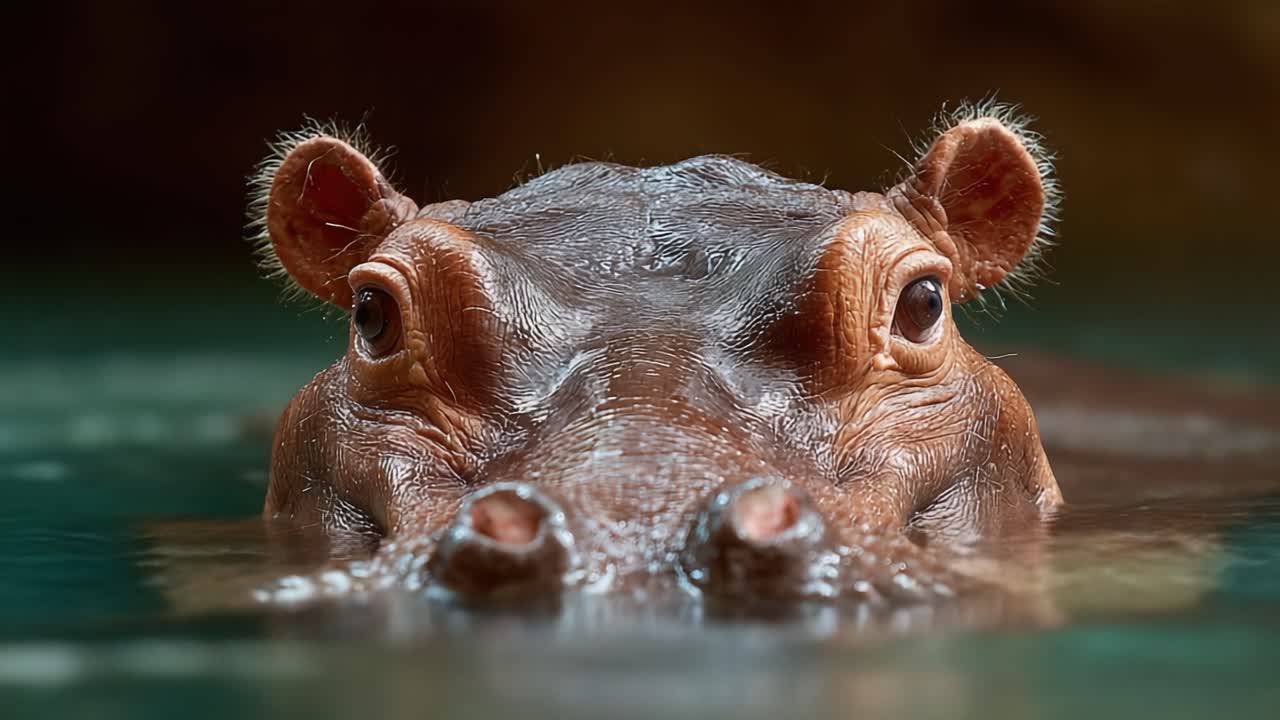 Close-up of a Hippopotamus Floating in Water with a Calm Expression, Showcasing Its Unique Facial Features and Eyes Under the Surface, Captured in a Natural Environment