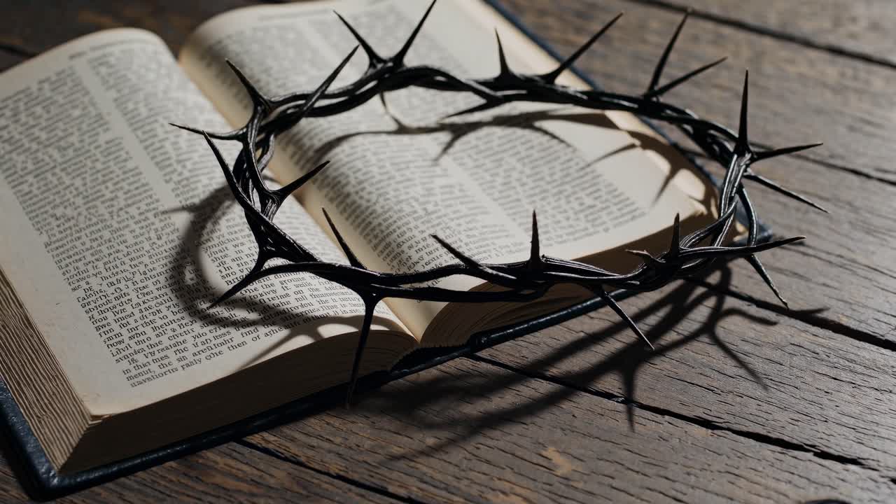 A close-up video shot of a crown of thorns resting on an open Bible, capturing a dramatic